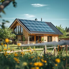 Canvas Print - Modern farmhouse with solar panels harnessing renewable energy for sustainable agriculture and clean power