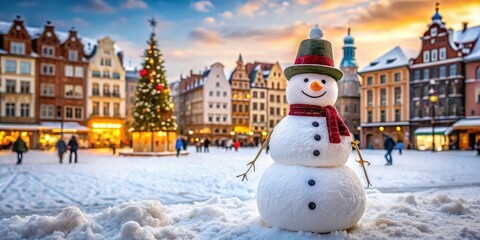 Poster - Snowman standing in the middle of a bustling town square during winter , Snowman, town, winter, festive, cold, holiday