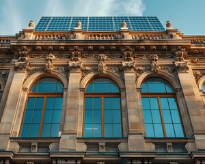 Poster - historic building with modern solar panels preserving heritage and promoting renewable energy