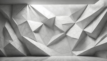 Abstract white 3d interior with polygonal pattern on the wall. Generative AI.