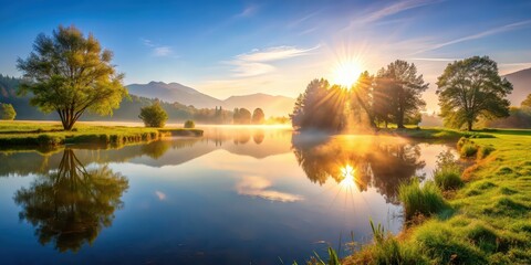 Poster - Morning light illuminating a serene landscape, sunrise, peaceful, calm, dawn, sunlight, trees, horizon, nature