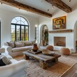 © Kevin - Rustic coffee table between sofa and chairs against fireplace and arched windows. Mediterranean modern cottage style home interior design of modern living room, Generative AI