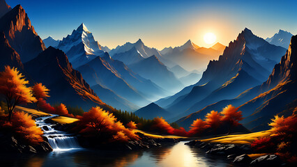 Wall Mural - Majestic mountain range with a flowing river and vibrant foliage in the foreground.