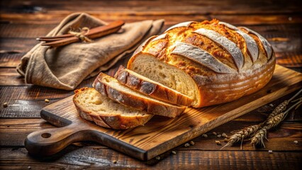 Wall Mural - warmly lit rustic wooden cutting board showcases a freshly baked artisan bread loaf with a golden crust, sliced into inviting portions.