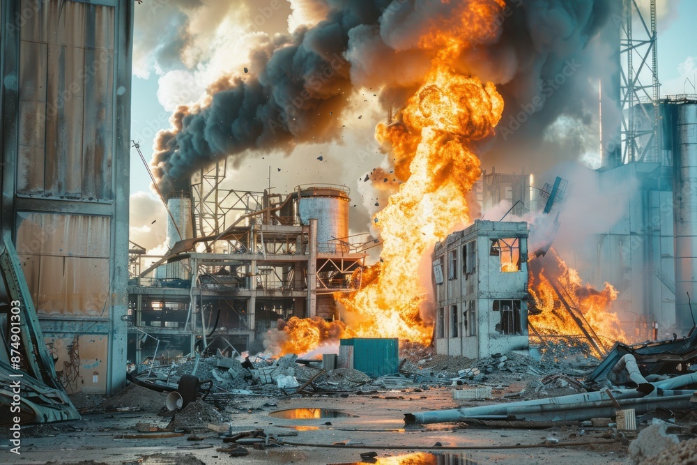 An industrial accident with a factory explosion, debris flying, and ...