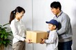 © N7 - Asian Family Receiving Multiple Packages from Delivery Person