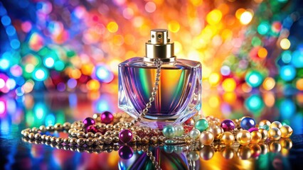 Canvas Print - Perfume bottle with jewelry on colorful background, creating captivating visual appeal and luxury , fragrance, scent