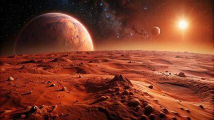 Wall Mural - red planet surface background with rocky terrain and red dust , mars, space, galaxy, universe, astro