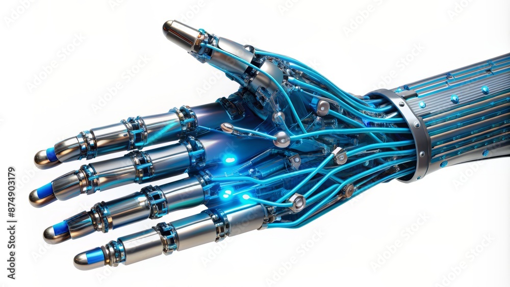 Metallic robotic hand with glowing blue circuits and wires, palm facing upwards, isolated on a plain white background, 3D rendering.