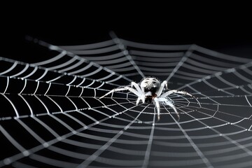 Close-up of a spider on a glistening web, illuminated against a dark background.