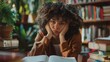 © tashechka - A frustrated student sits in a library with an open book, surrounded by stacks of books, reflecting the struggles of studying.