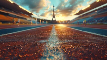 Minimalist scene featuring abstract lines and smooth shapes of the Eiffel Tower, subtle textures, detailed track athletes, colorful stadium backdrop, and soft natural lighting.