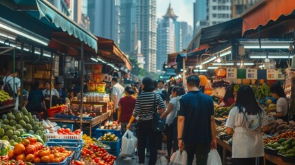 People shopping in a busy outdoor market with fresh fruits and vegetables, skyscrapers in background, blending urban and traditional life.