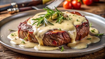 Savory mildly seared cut beef steak smothered in rich creamy cheese sauce on elegant plate with subtle background lighting.