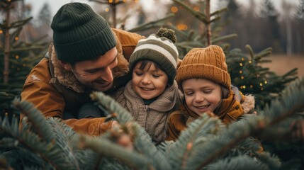 Father and two children joyfully selecting a Christmas tree, enjoying a festive holiday tradition in a tree farm.