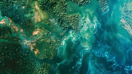 Aerial View of a Lush Green Landscape with Winding Waterways