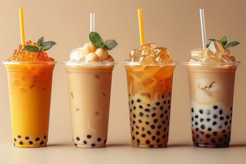 Wall Mural - Taiwanese bubble milk tea drink. Flat lay vector illustration of bubble tea ingredient: a cup, tapioca pearls, and a straw. bubble boba vector illustration, bubble tea vector illustration