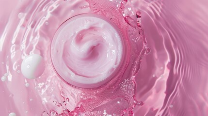 Poster - Top view of jar with cosmetic cream on pink water background Organic moisturizing cream for natural skin care Spa beauty concept