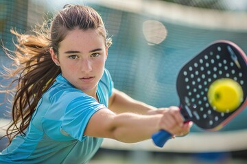 Close-up Young woman playing pickleball at the pickleball court, blur background