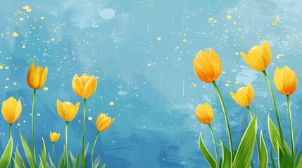 Canvas Print - Spring themed design with yellow tulips on a blue background and room for text