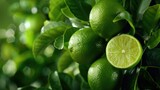 Close-up of a lime tree with ripe limes hanging among lush green leaves