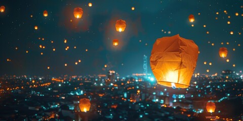 Wall Mural - City Night Sky Lantern