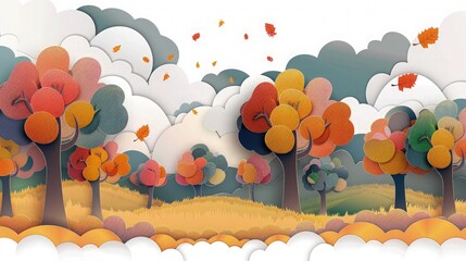 Wall Mural - colorful autumn tree background with mountains background paper cut background 