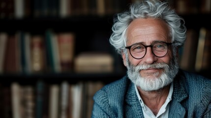 A smiling elderly man with white hair and round glasses is portrayed, seated in a library setting filled with books, suggesting wisdom, peace, and life's experience.