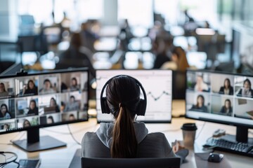 Poster - A group of educators attending a virtual meeting, with each teacher appearing on a different screen, discussing strategies for remote learning, in a modern office setting
