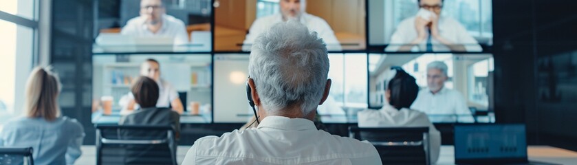 Poster - A group of educators attending a virtual meeting, with each teacher appearing on a different screen, discussing strategies for remote learning, in a modern office setting