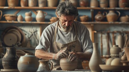 Wall Mural - An elderly potter making a clay pot on a spinning wheel in a quaint workshop focus on hands, tools, and pottery AIG62