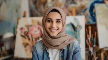 Wall Mural - Muslim female artist in casual attire smiling creatively in a vibrant art studio, surrounded by paintings and brushes, showcasing her talent