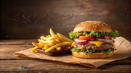 Poster - Hamburger and french fries served on brown paper , fast food, American cuisine, burger, fries, takeaway, meal