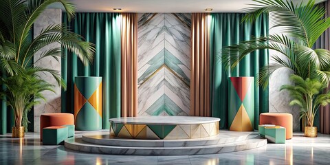 Poster - Luxurious tropical marble podium with colorful geometric shapes and elegant curtains , luxury, tropical, marble, podium