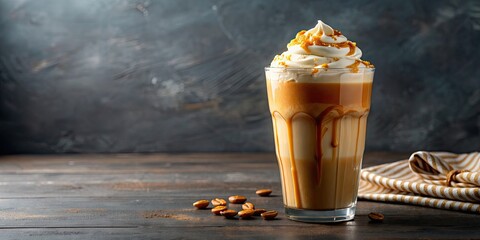 Poster - Iced caramel latte with whipped cream and caramel drizzle on top, coffee, drink, beverage, latte, iced, caramel