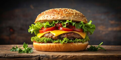 Poster - Juicy hamburger with cheese, lettuce, tomato, and pickles on a sesame seed bun, classic, delicious, fast food, American, beef