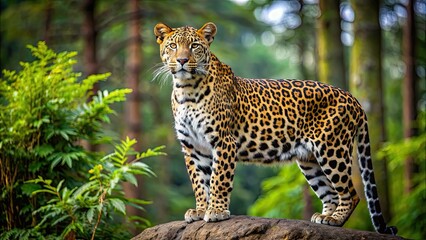 Sticker - Leopard standing majestically in a forest background, leopard, majestic, wild, animal, predator, nature, jungle, fur