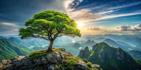 Canvas Print - Green tree standing tall on a majestic mountain with a breathtaking view, green, tree, mountain, nature, landscape