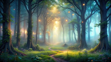 Poster - Mystical forest setting with ethereal lighting and fog , mystical, forest, mystical, setting, ethereal, lighting, fog