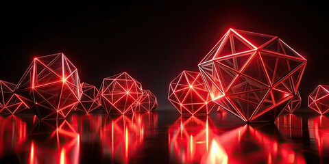 Canvas Print - Red glowing polygonal shapes on a black background, polygon, geometric, glowing, abstract, design, futuristic, technology, digital