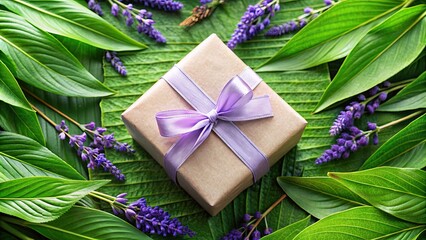 Canvas Print - Lavender pamper gift box on green leaves, showcasing natural cosmetic and spa products, lavender, pamper, gift box