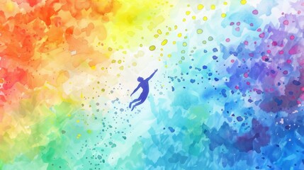 Wall Mural - Watercolor rainbow colored background with dots and shapes, person diving into the ocean from high above.