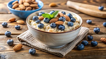 Sticker - Oatmeal porridge with blueberries and almonds in bowl, oatmeal, porridge, blueberries, almonds, healthy, breakfast, meal, food