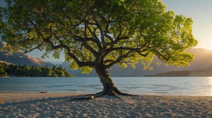 Wall Mural - The first light of day embraces the Wanaka tree, casting long shadows and illuminating the pristine waters of Lake Wanaka. This New Zealand icon is a sight to behold at dawn.