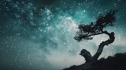 Wall Mural - A tree is silhouetted against a dark sky with a few stars visible
