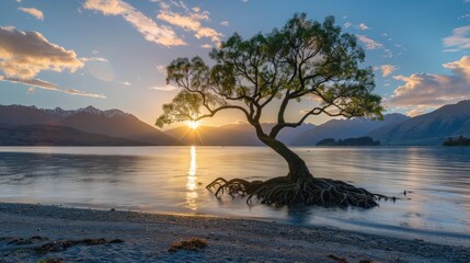 Sticker - The first light of day embraces the Wanaka tree, casting long shadows and illuminating the pristine waters of Lake Wanaka. This New Zealand icon is a sight to behold at dawn.