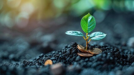 Close-up of a small plant sprouting from a pile of coins, symbolizing financial growth and investment.