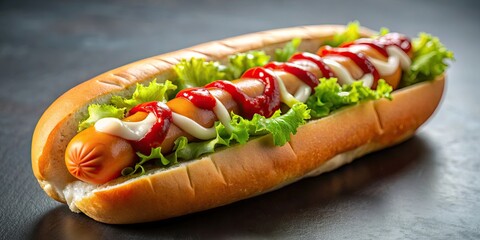 Poster - Hotdog topped with a delicious combination of ketchup and mayonnaise sauce, hotdog, food, ketchup, mayonnaise, sauce