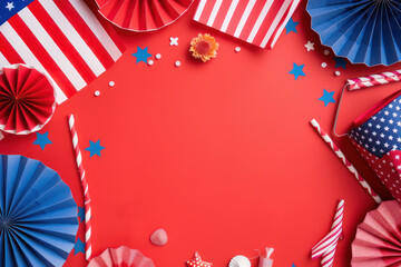 4th of July USA celebrations on white background with copy space, red blue and white striped paper fans.