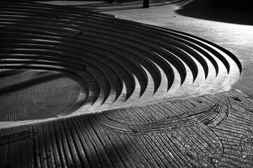 Poster - Circular steps made of concrete are lit by a single source of light, casting shadows on the surrounding area. Generative AI